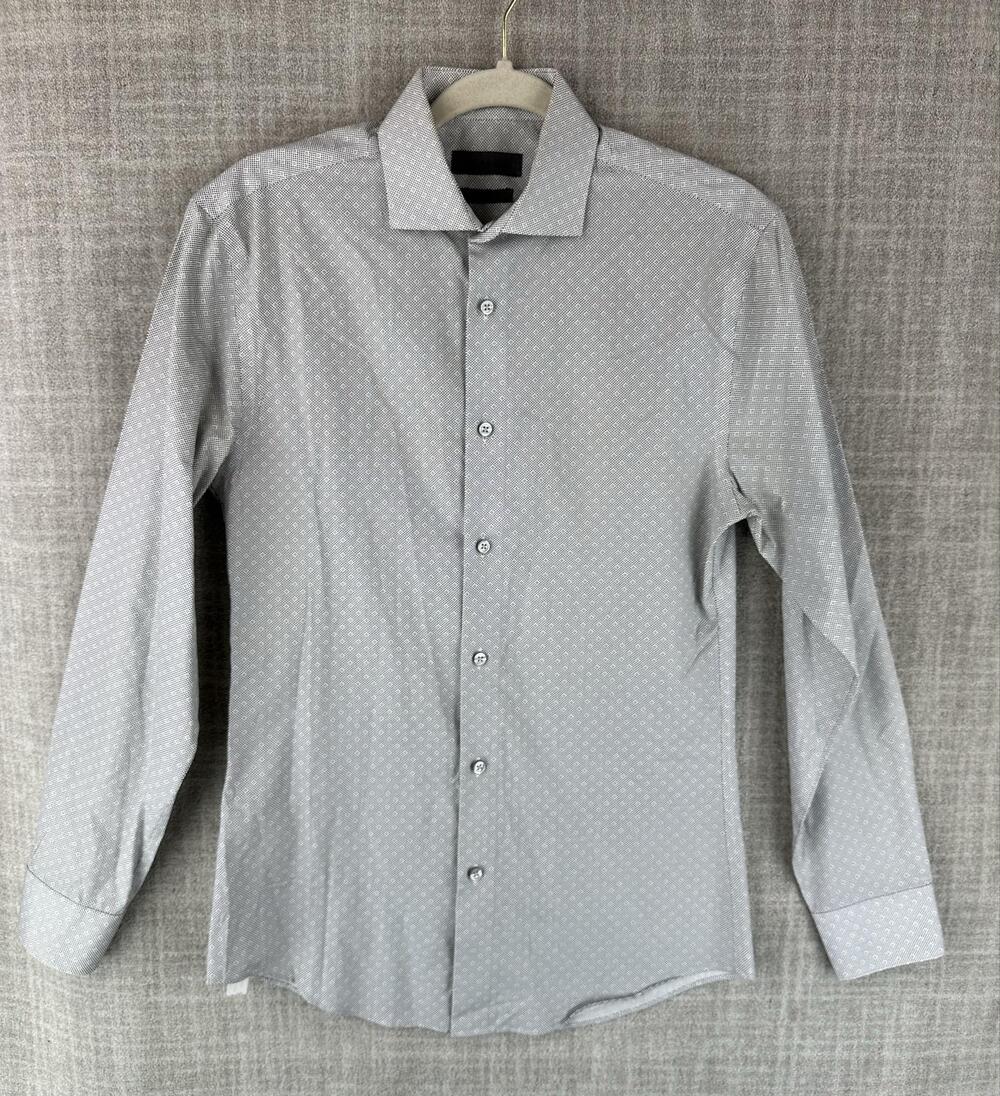 Calvin Klein Dress Shirt Mens 14.5 Gray Polka Dot Spread Collar Extra-Slim